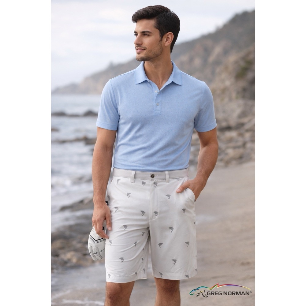 Greg Norman Men's White Shark Print Golf Shorts Sz 38 Performance Stretch